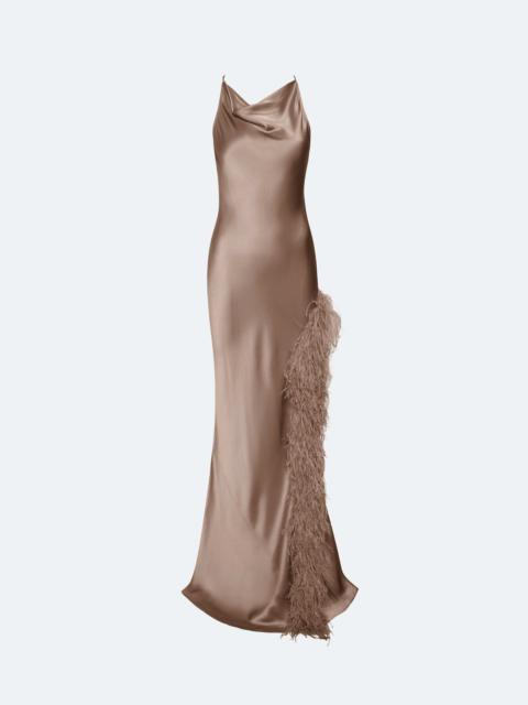 LAPOINTE Satin Halter Gown With Feathers