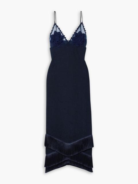 PatBO Crochet and tulle-trimmed fringed stretch-ponte maxi dress