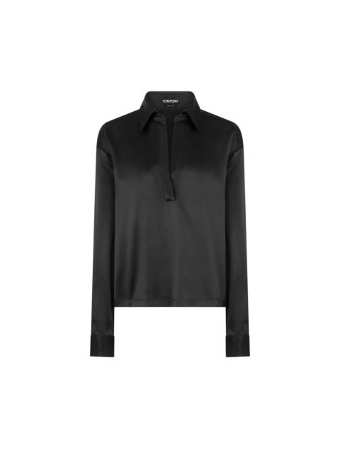 TOM FORD STRETCH SILK SATIN POLO WITH TONAL TF EMBROIDERED LOGO