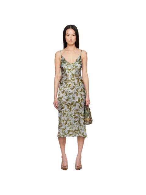 Dries Van Noten Blue & Green Silk Slip Midi Dress