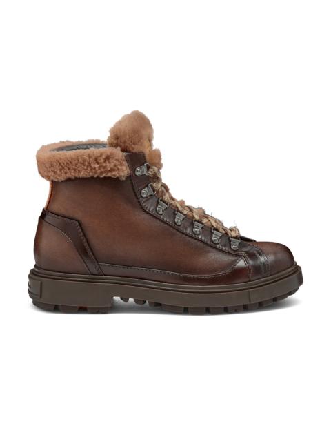 Santoni Men's dark brown suede hiking boot with fur