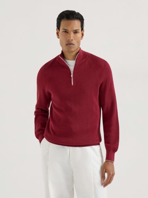 Brunello Cucinelli Cotton English rib sweater with half zip and raglan sleeves