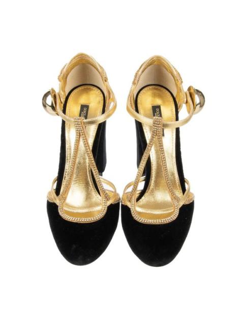Dolce & Gabbana Velvet Mary Jane Pumps VALLY Crystal Black Gold 39.5 9.5 10097