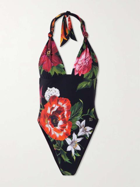Floral-print halterneck swimsuit Black
