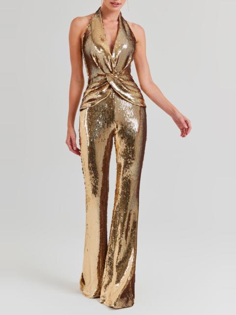 NADINE MERABI NADINE MERABI Tianna Sequin Halter Flare Jumpsuit in Gold at Nordstrom