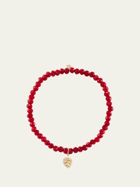 SYDNEY EVAN 14K Tiny Monstera Leaf Charm on Dark Red Jade Bracelet