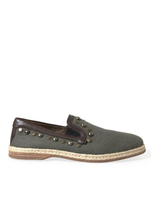 Dolce & Gabbana Dolce & Gabbana Gray Linen Leather Studded Loafers Shoes