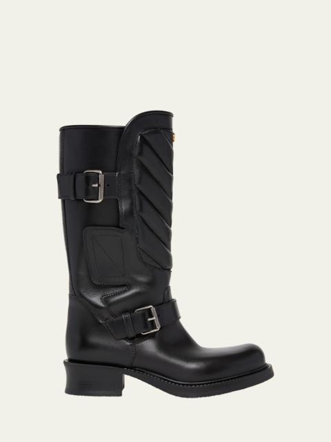 Valentino 40mm Rayons Leather Mid-Calf Moto Boots