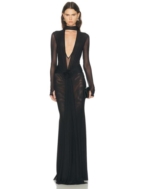 David Koma V-Neck Long Sleeve Mesh Gown