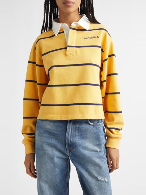 Sporty & Rich Sporty & Rich Serif Logo Embroidered Cotton Long Sleeve Rugby Polo in Faded Gold/White/Dark Navy at 