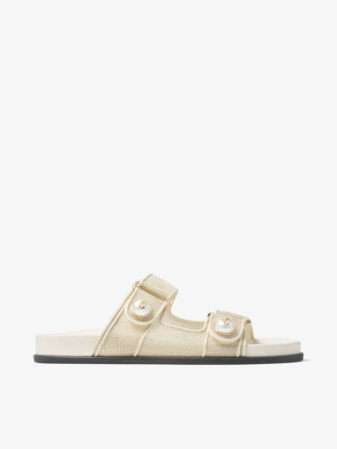 JIMMY CHOO Fayence Sandal
Champagne Metallic Patent Leather Sandals with Pearls