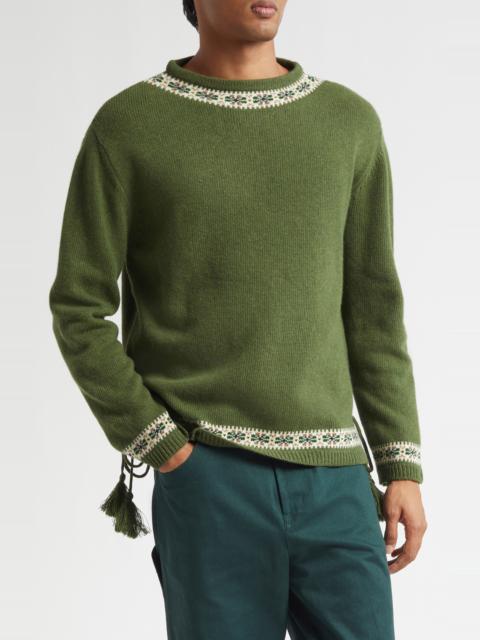 BODE Bode Moritz Tassel Trim Virgin Wool Sweater in Green Multi at Nordstrom
