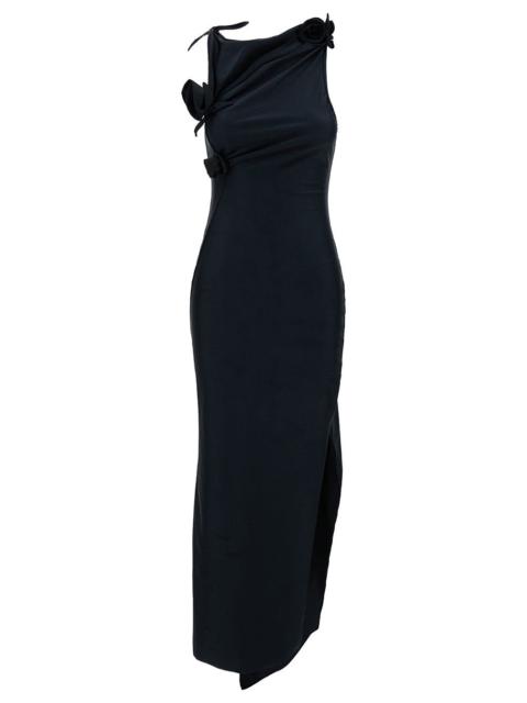 Coperni Women Long Black Asymmetric Dress With Roses Applications In Stretch Polyamide Woman