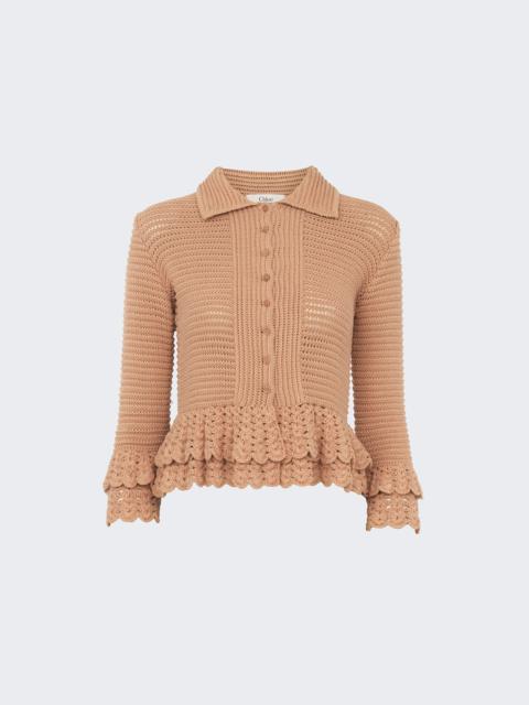 Chloé Fitted Ruffled Cardigan In Crochet Knit Cheek Tan