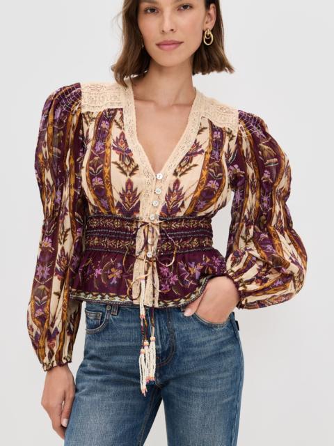 FARM RIO Embroidered Tapestry Sand Long Sleeve Blouse