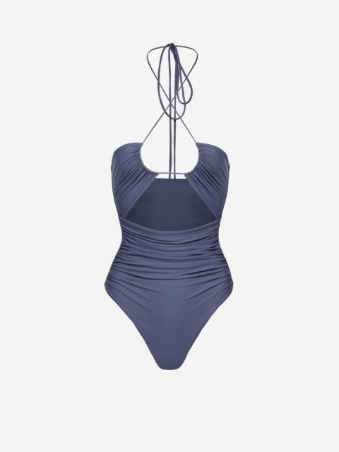 MAGDA BUTRYM Criss-cross halter swimsuit in metallic blue
