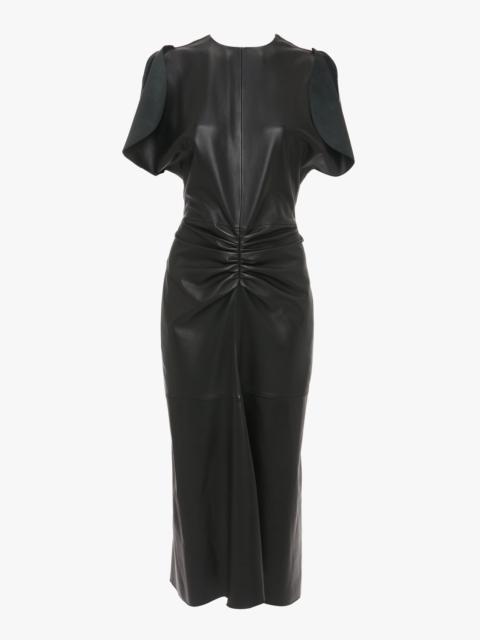 Victoria Beckham Gathered Waist Midi Dress In Soft Black Leather
