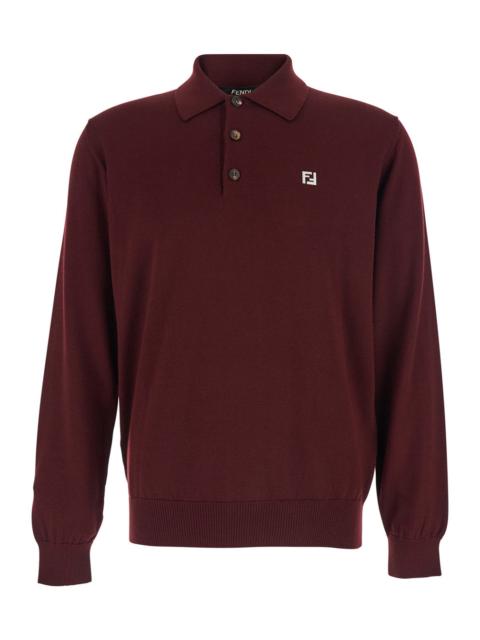 FENDI Fendi Men Bordeaux Long-Sleeve Polo Shirt With Classic Collar And Ff Plaque On The Front In Wool Man