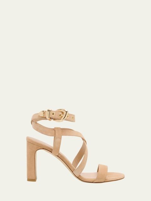 Stuart Weitzman Maven Suede Buckle Block-Heel Sandals