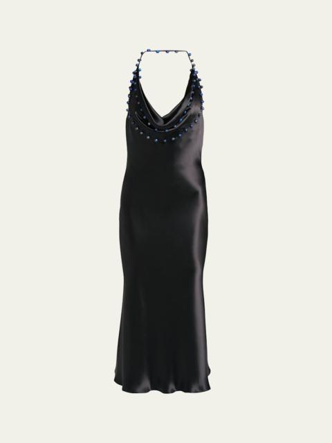 Bottega Veneta Beaded Halter Washed Fluid Shine Viscose Dress