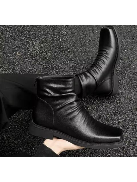 Other Designers Japanese Brand - Black PU Leather Square Toe Side-Zip Boots