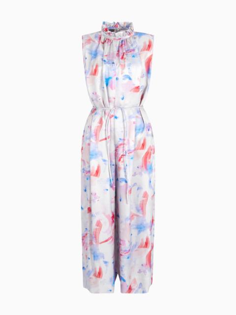 EMPORIO ARMANI Sleeveless jumpsuit with a belt in satin crêpe with a fancy watercolour-effect print
