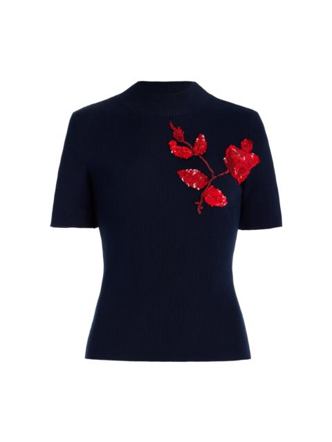 Oscar de la Renta Sequined Ribbed-Knit Silk Top navy