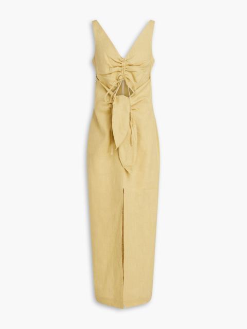 Nanushka Cutout ruched linen midi dress