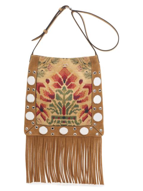 Valentino Valentino Garavani Nellcôte Embroidered Fringe Stud Crossbody Bag in Brown Multi at Nordstrom