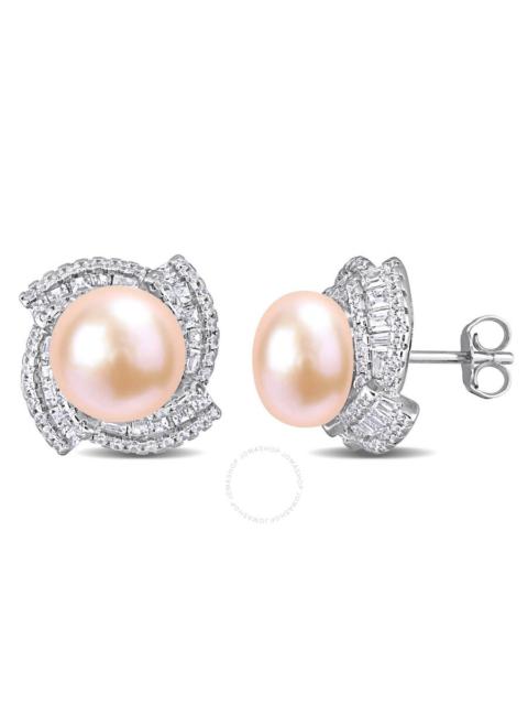 Other Designers AMOUR 9-9.5mm Pink Freshwater Cultured Pearl and 2 1/8 CT TGW Cubic Zirconia Swirl Earrings In Sterl