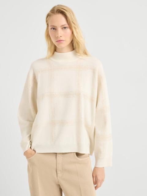 Brunello Cucinelli Virgin wool, cashmere and silk mock neck sweater with dazzling checks embroidery