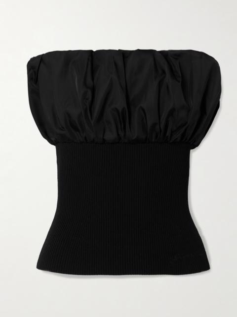 GANNI Strapless Embroidered Ribbed-knit And Gathered Taffeta Top