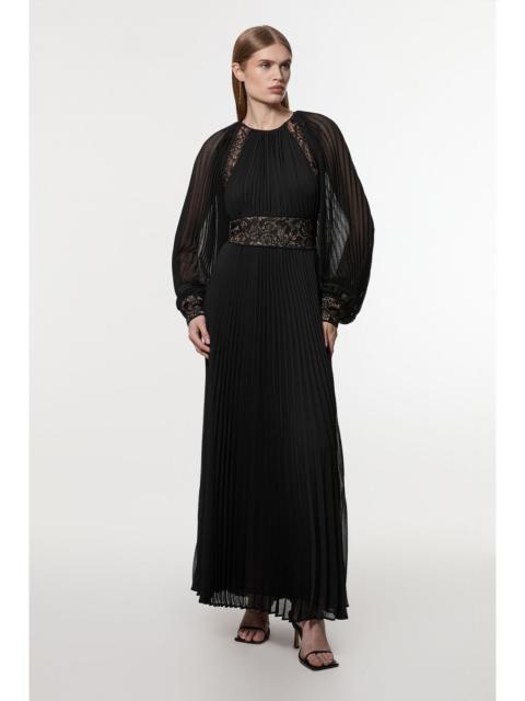 KAREN MILLEN Viscose Georgette Pleated Woven Maxi Dress With Sheer Lace Panel Detail