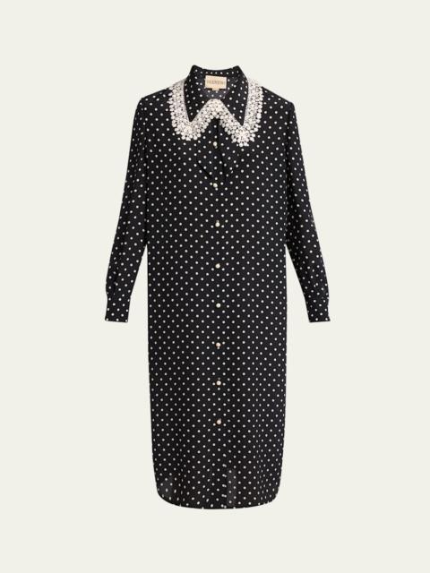 Valentino Polka-Dot Silk Lace-Collar Midi Shirtdress