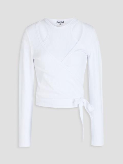 GANNI Wrap-effect layered ribbed ECOVERO™-blend jersey top