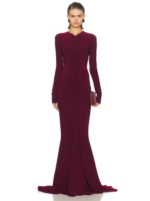 NORMA KAMALI Long Sleeve V Neck Shirred Front Fishtail Gown