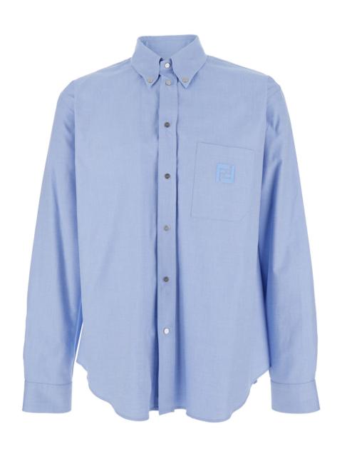 FENDI Fendi Men Light Blue Shirt With Button-Down Collar And Ff Embroidery On The Front In Cotton Man