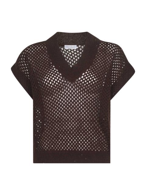 Brunello Cucinelli Brown Dazzling Mesh V-Neck sweater