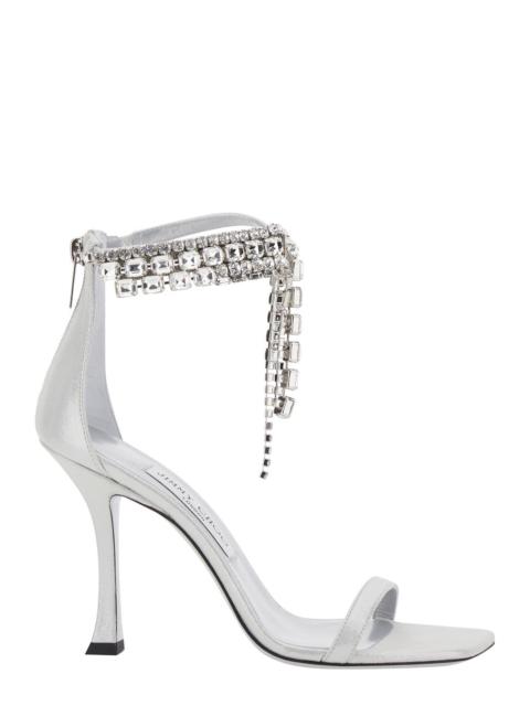 JIMMY CHOO Jimmy Choo Women 'Crystal' Metallic Sandals With Rhinestoned Ankle Strap And High Curved Heel In Lea