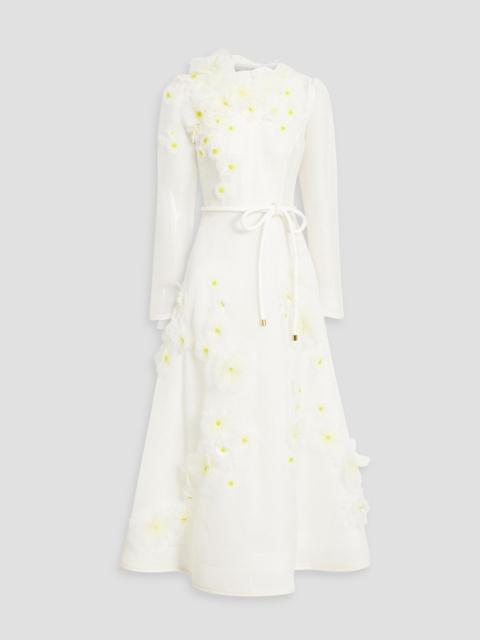 Zimmermann Floral-appliquéd silk and linen-blend organza midi dress