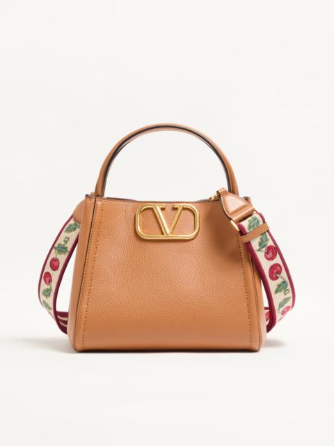 Valentino VALENTINO GARAVANI ALLTIME MEDIUM HANDBAG IN GRAINY CALFSKIN WITH CHERRYFIC EMBROIDERED RIBBON SHOUL