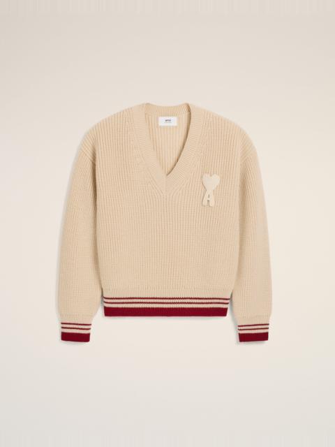 AMI Paris BEIGE WOOL RIBBED V NECK SWEATER