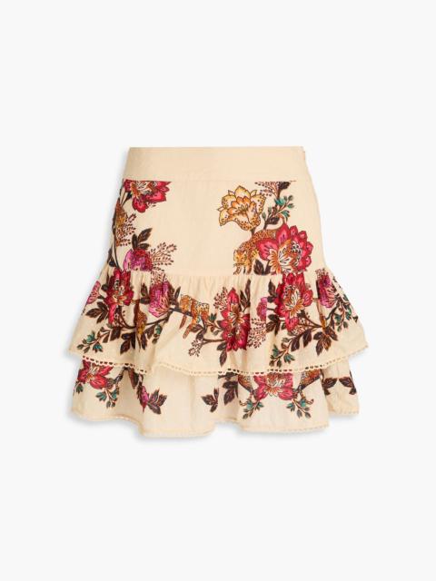 FARM RIO Tiered printed Swiss-dot cotton mini skirt