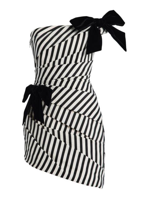 CAROLINA HERRERA Gathered Ribbon-Striped Crinkle Jacquard Mini Dress black/white