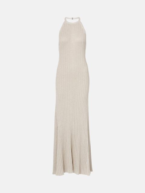TOM FORD Ribbed-knit halterneck lamé maxi dress