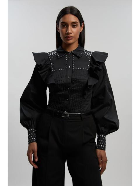 KAREN MILLEN Cotton Sateen Drama Sleeve Studded Woven Maxi Shirt