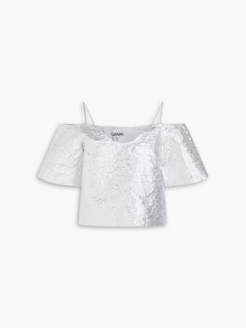 GANNI Cold-shoulder cropped metallic cotton-blend cloqué top