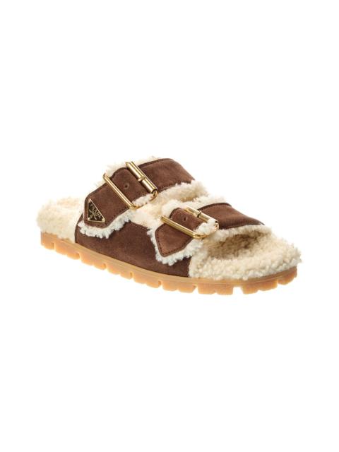 Prada Prada Logo Shearling & Suede Sandal