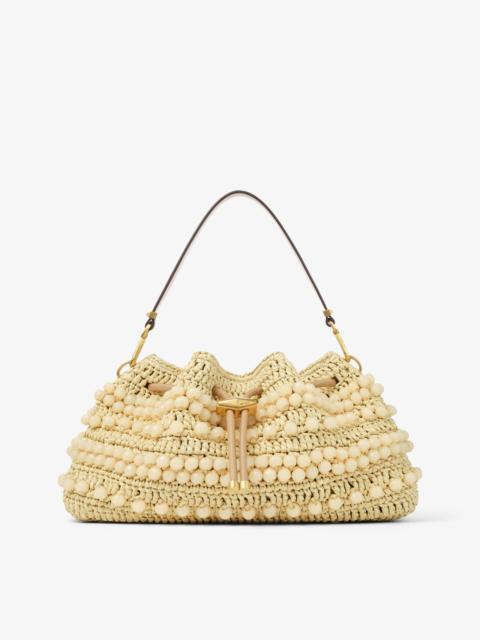 JIMMY CHOO Cinch Medium
Natural and Cappuccino Beaded Raffia Bucket Bag with Smooth Calf Leather