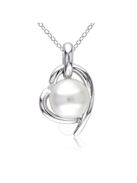Other Designers AMOUR 8.5 - 9 Mm White Cultured Freshwater Pearl and Diamond Heart Pendant with Chain In Sterling Si
